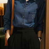 Office Casual Denim Shirt with Heart Embroidery