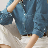 Office Casual Denim Shirt with Heart Embroidery