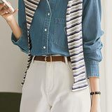 Office Casual Denim Shirt with Heart Embroidery