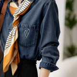 Office Casual Denim Shirt with Heart Embroidery