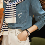 Office Casual Denim Shirt with Heart Embroidery