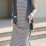 Casual Striped Knit Sweater Dress with Fake Shawl Design