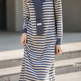 Casual Striped Knit Sweater Dress with Fake Shawl Design