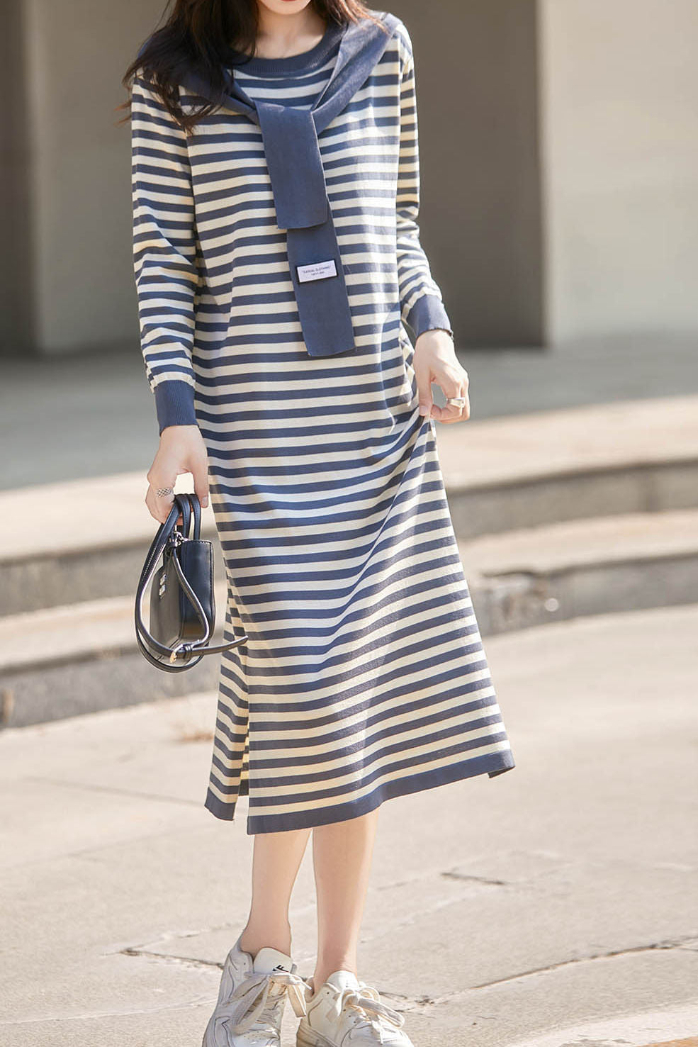 Casual Striped Knit Sweater Dress with Fake Shawl Design - liwisi