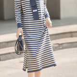 Casual Striped Knit Sweater Dress with Fake Shawl Design