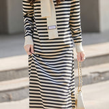 Casual Striped Knit Sweater Dress with Fake Shawl Design