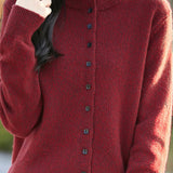 Half High Neck Solid Color Floral Yarn Knit Cardigan