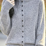 Half High Neck Solid Color Floral Yarn Knit Cardigan