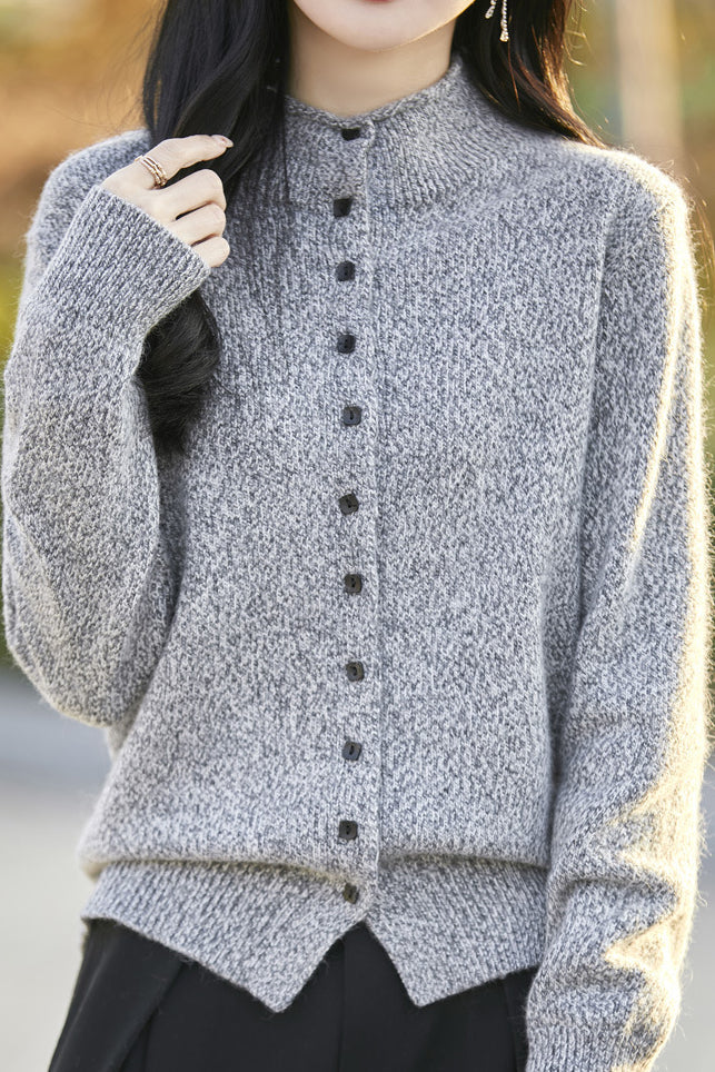 Half High Neck Solid Color Floral Yarn Knit Cardigan - liwisi