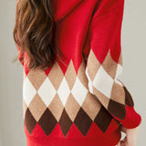 Hooded Geometric Pattern Long Sleeve Knit Top