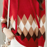 Hooded Geometric Pattern Long Sleeve Knit Top