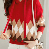 Hooded Geometric Pattern Long Sleeve Knit Top