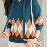 Hooded Geometric Pattern Long Sleeve Knit Top