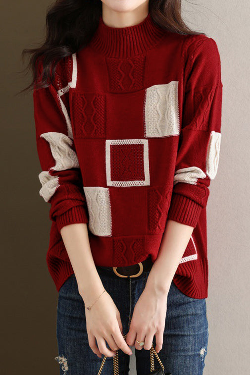 Half High Neck Geometric Color-Blocked Knit Top - liwisi