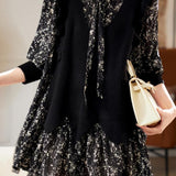 Faux Two-Piece Patchwork Floral Long Sleeve Dress