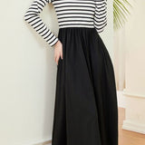 Casual Black and White Striped Patchwork Dress