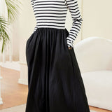 Casual Black and White Striped Patchwork Dress