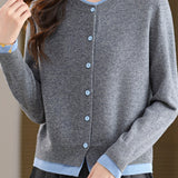 Versatile Color-Blocked Round Neck Knit Cardigan