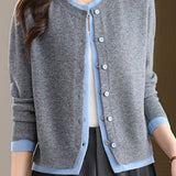 Versatile Color-Blocked Round Neck Knit Cardigan
