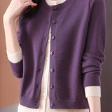Versatile Color-Blocked Round Neck Knit Cardigan