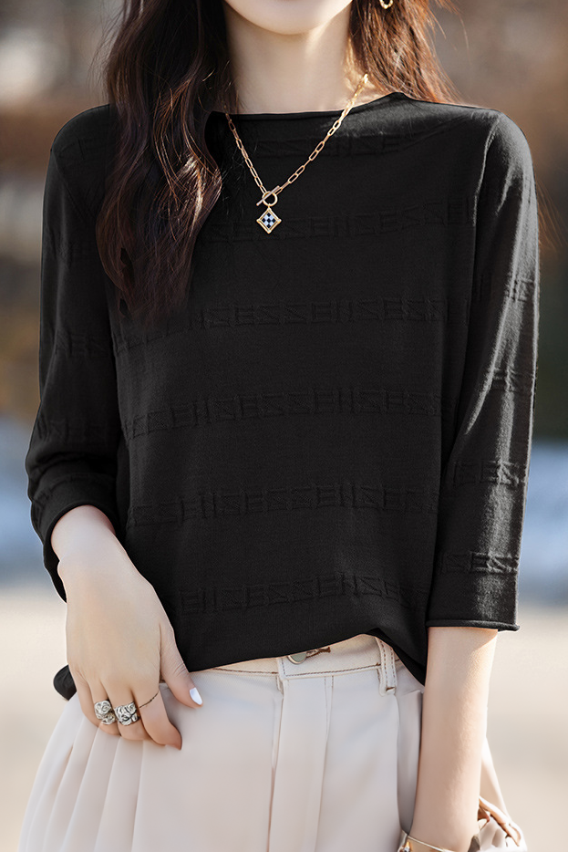 Round Neck Loose Solid Color Textured Base Top - liwisi