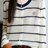 Color-Blocked Round Neck Hollow Knit Cardigan