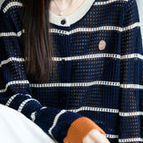 Color-Blocked Round Neck Hollow Knit Cardigan