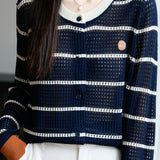 Color-Blocked Round Neck Hollow Knit Cardigan