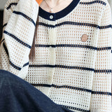 Color-Blocked Round Neck Hollow Knit Cardigan