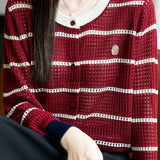 Color-Blocked Round Neck Hollow Knit Cardigan