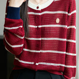 Color-Blocked Round Neck Hollow Knit Cardigan