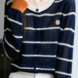 Color-Blocked Round Neck Hollow Knit Cardigan