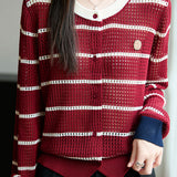 Color-Blocked Round Neck Hollow Knit Cardigan