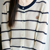 Color-Blocked Round Neck Hollow Knit Cardigan