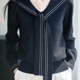 Casual Versatile Navy Collar Long Sleeve Knit Top