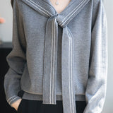 Casual Versatile Navy Collar Long Sleeve Knit Top