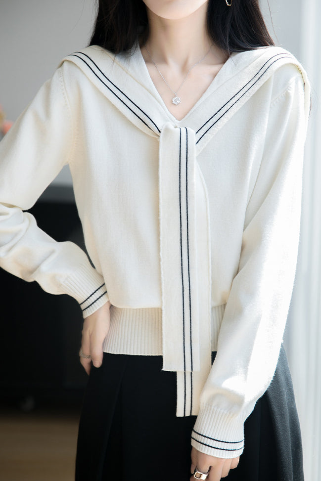 Casual Versatile Navy Collar Long Sleeve Knit Top - liwisi