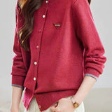 Casual Colorful Button Round Neck Knit Cardigan