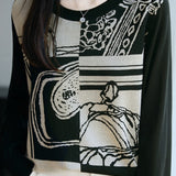 Casual Round Neck Color-Block Pattern Knit Top