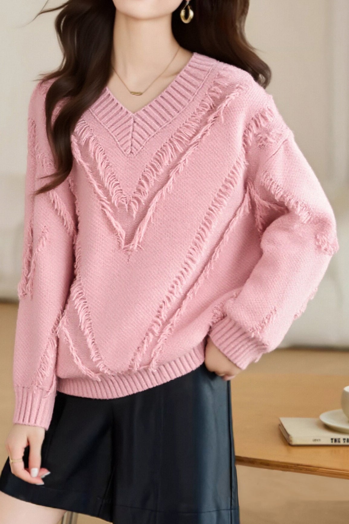 Casual Fashion V-Neck Relaxed Knit Top - liwisi