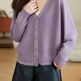 Casual Loose V-Neck Batwing Sleeve Fringe Knit Cardigan