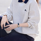 Casual Polo Collar Embroidered Letter Pullover Sweatshirt