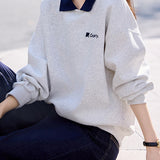 Casual Polo Collar Embroidered Letter Pullover Sweatshirt