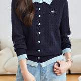 Casual Color-Block Collared Cable Knit Cardigan