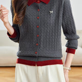 Casual Color-Block Collared Cable Knit Cardigan