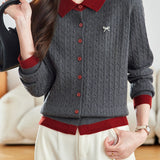 Casual Color-Block Collared Cable Knit Cardigan