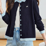 Casual Color-Block Collared Cable Knit Cardigan