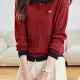 Casual Color-Block Collared Cable Knit Cardigan