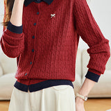 Casual Color-Block Collared Cable Knit Cardigan