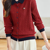 Casual Color-Block Collared Cable Knit Cardigan